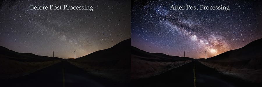 before and after photo editing using Lightroom and Photoshop tutorials photo of the milky way