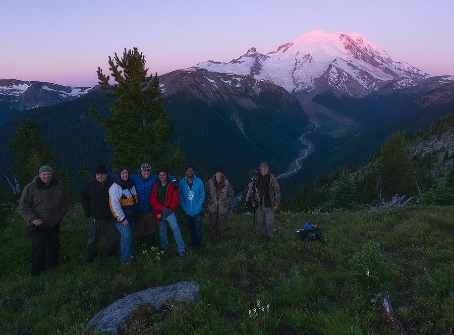 Sunrise on Mount Rainier during a star photography workshop with Dave Morrow