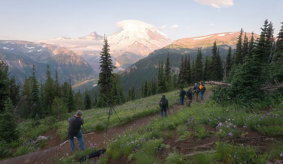 Mount Rainier Photography Workshop Group shooting sunrise with Dave Morrow
