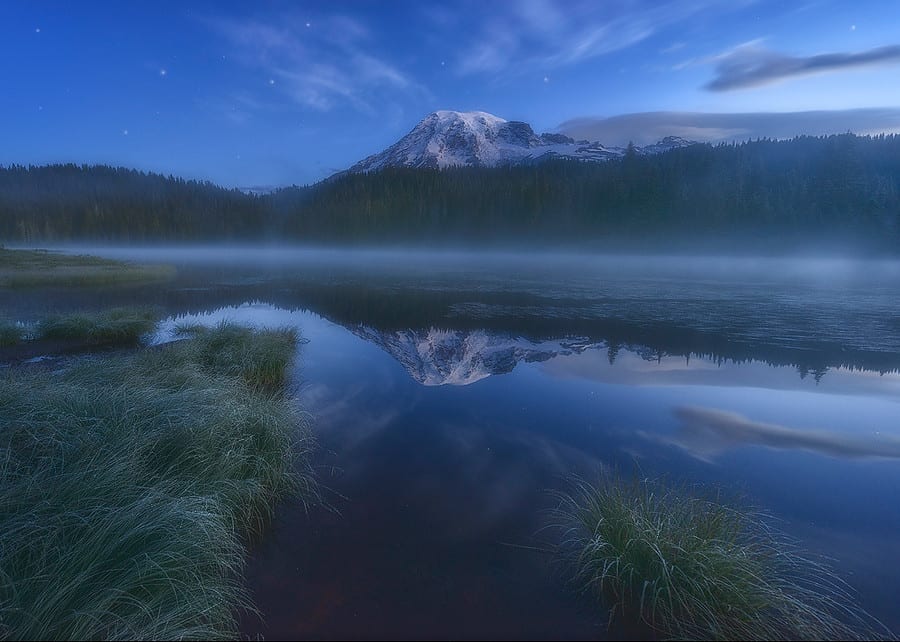 Twilight and stars over Mount Rainier National Park taken at Reflection Lakes