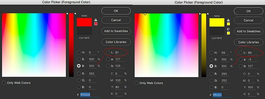 HSB Color Picker Photoshop Comparing Lightness of Varying Hues