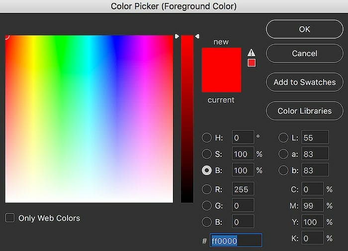 Graphic showing photoshop color picker showing red hues of increasing to decreasing brightness values